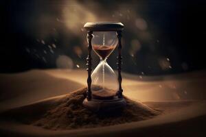 hourglass on a sandy plain on a dark background AI Generated photo