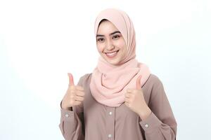 Hijab woman with thumbs up gesture isolated on white background AI Generated photo