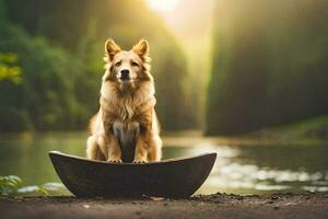 a dog sitting on top of a bowl in front of a river. AI-Generated photo