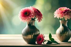 two vases with pink flowers on a table. AI-Generated photo