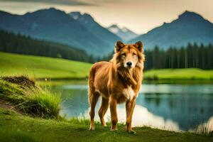 un perro en pie en frente de un lago y montañas. generado por ai foto