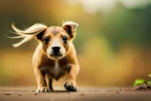 un pequeño perro corriendo en el la carretera. generado por ai foto