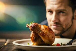 un hombre es mirando a un plato de pollo. generado por ai foto