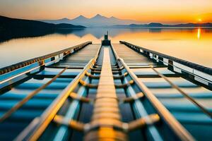 a long bridge over water with mountains in the background. AI-Generated photo