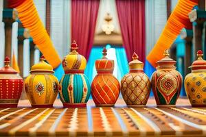 a row of colorful vases on a wooden table. AI-Generated photo