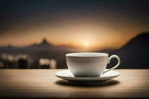 a cup of coffee on a table with a view of the city. AI-Generated photo