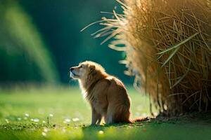 a dog sitting in the grass near tall grass. AI-Generated photo