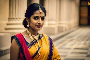 a beautiful indian woman in a yellow sari. AI-Generated photo