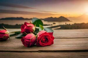 roses on a wooden table with sunset in the background. AI-Generated photo