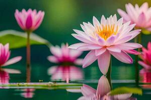 rosado loto flores en agua con verde hojas. generado por ai foto