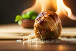 a piece of chicken is sitting on a table with a fire in the background. AI-Generated photo