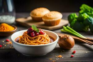 spaghetti with cranberry sauce and vegetables on a wooden table. AI-Generated photo