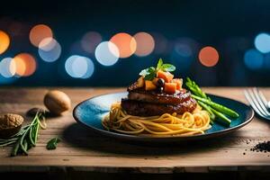 un plato de espaguetis con carne y vegetales en un de madera mesa. generado por ai foto