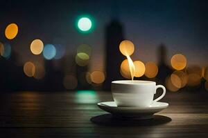 a cup of coffee on a table in front of a cityscape. AI-Generated photo