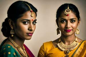 dos mujer en tradicional saris con oro joyas. generado por ai foto