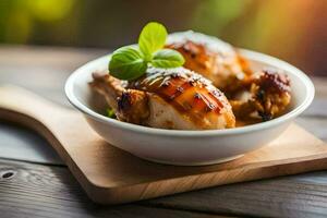 chicken in a bowl on a wooden table. AI-Generated photo