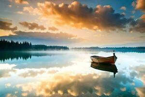 un barco es flotante en un calma lago a puesta de sol. generado por ai foto