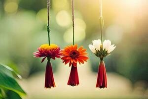 three colorful flowers hanging from strings. AI-Generated photo