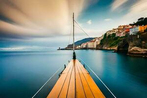 a boat is docked in the water with a town in the background. AI-Generated photo