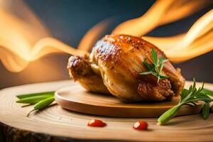 un pollo en un de madera plato con fuego en el antecedentes. generado por ai foto