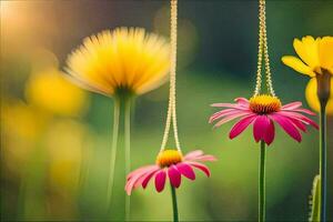 two pink flowers hanging from a chain. AI-Generated photo