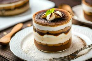 a dessert with chocolate and cream on a plate. AI-Generated photo