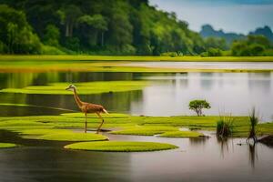 un pájaro es en pie en el borde de un lago. generado por ai foto