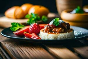 el comida es servido en un plato con un de madera antecedentes. generado por ai foto