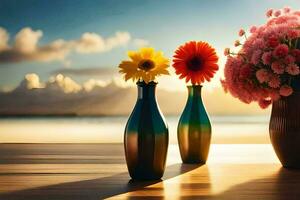 flowers in vases on a table. AI-Generated photo