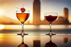 two glasses of wine with a cherry on the table. AI-Generated photo