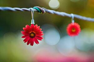 red flower hanging on a wire. AI-Generated photo