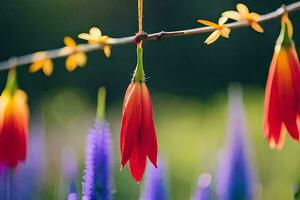 red flowers hanging from a wire. AI-Generated photo