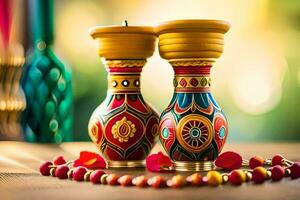 two colorful vases with red and gold decorations. AI-Generated photo