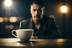 man sitting at a table with a coffee cup. AI-Generated photo