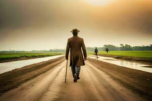 a man walking down a dirt road with a cane. AI-Generated photo