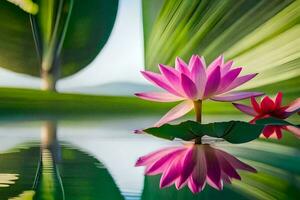 pink lotus flower in water with green leaves. AI-Generated photo