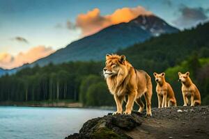 three lions standing on the edge of a lake. AI-Generated photo