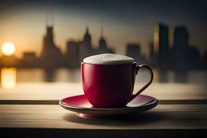 a cup of coffee on a table with a city in the background. AI-Generated photo