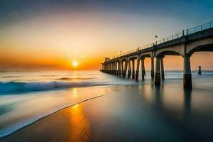 the sun sets over a pier and waves. AI-Generated photo