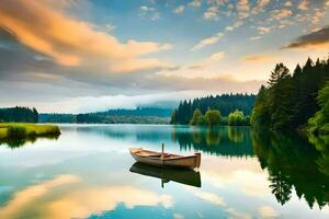 a boat is floating on the calm waters of a lake. AI-Generated photo