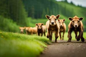 a herd of brown cows walking down a road. AI-Generated photo