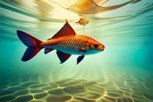 un pescado nadando en el Oceano con luz de sol brillante en él. generado por ai foto