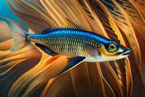 un pescado nadando en el Oceano con un azul antecedentes. generado por ai foto