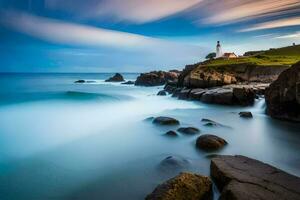 a lighthouse sits on the rocks at sunset. AI-Generated photo