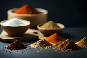 various spices and spices in bowls on a black background. AI-Generated photo