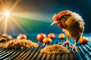 a chicken is standing on a grill with food. AI-Generated photo