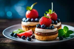 photo wallpaper food, dessert, strawberries, blueberries, cake, the plate, food, dessert. AI-Generated