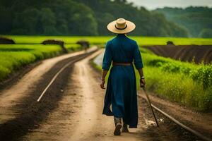 un hombre en un sombrero y azul vestir caminando abajo un suciedad la carretera. generado por ai foto