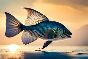 un pescado es nadando en el agua a puesta de sol. generado por ai foto