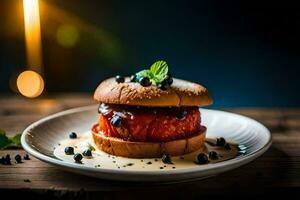 a hamburger with tomato sauce and blueberries on a plate. AI-Generated photo